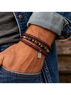 He Rocks Tiger Eye Bead Brown Braided Leather Wrap Bracelet Magnetic Clasp
